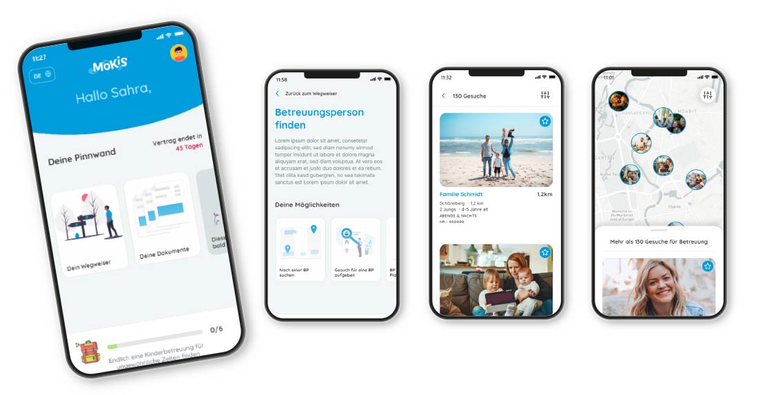Vier Smartphones liegen nebeneinander, auf den Displays sind unterschiedliche Ausschnitte der MoKiS-App zu sehen.